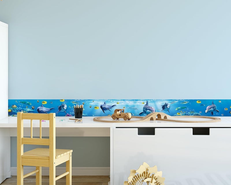 FLFK Peel and Stick Wallpaper Border Wall Decals for Kids Room - Under The Sea Fish Stickers Murals, 7" x 240" (Blue) - Image 4